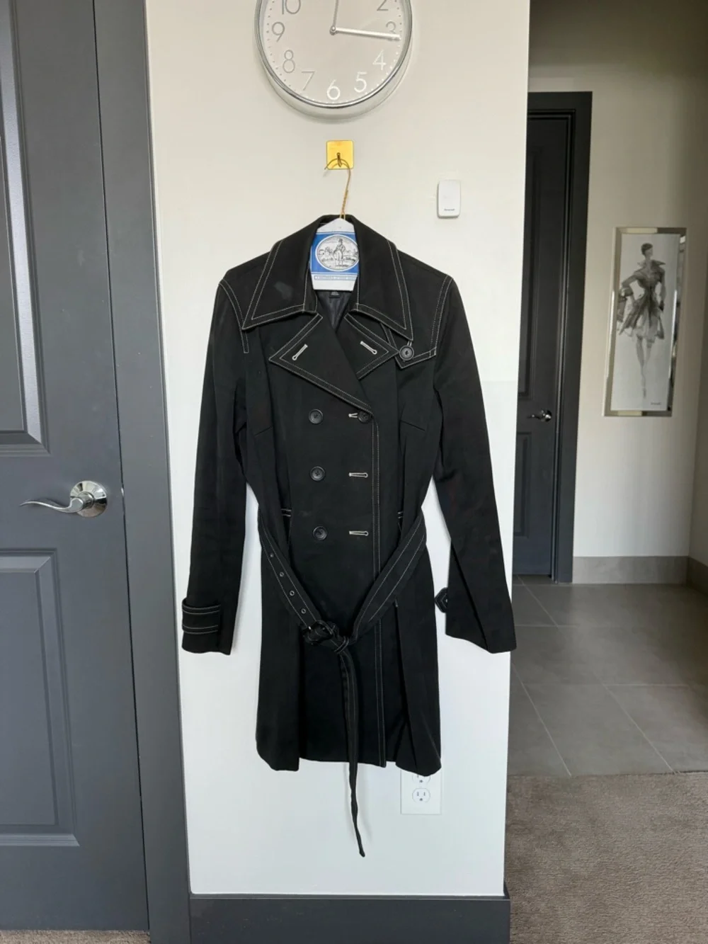 Vintage Banana Republic Black Cotton Trench Coat Contrast Stitch Belted L
